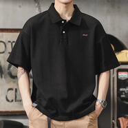 金古萊美式復古POLO衫男夏季簡(jiǎn)約風(fēng)重磅男士短袖t恤男裝寬松大碼刺繡 黑色 L 【體重120-140斤】