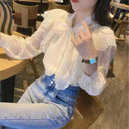 絲瀟韓國早春新品重工花邊蕾絲打底上衣女別致蝴蝶結(jié)襯衫女 杏色【有內(nèi)襯】 S 建議85-99斤穿