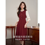 熙世界（sllsky）法式赫本小香風(fēng)連衣裙女秋冬季復古長(cháng)袖假兩件新年紅色裙子 酒紅色 XL