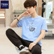 TEEK短袖白色t恤男上衣服 青少年夏裝體恤夏季高中生休閑印花半袖男裝 【不易變形】HS72P天藍色 M