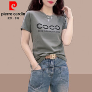 皮爾卡丹（pierre cardin）2025夏新款女士短袖t恤純棉短款上衣修身顯瘦體恤小眾女裝洋氣質(zhì) 豆綠色 2XL (建議130斤-145斤)