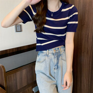 KAHTOP2025夏新款韓版短袖針織衫夏季女修身短款條紋上衣女裝打底衫BLL 條紋針織藍色【尺碼偏小】 均碼 【75斤-120斤】