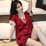 俞兆林睡裙女冰絲夏季薄款蕾絲短袖夏天性感可外穿女士睡衣家居服 NSXER-2171短袖裙酒紅色 均碼 （適合80-130斤）