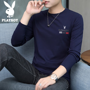 花花公子（PLAYBOY）長(cháng)袖t恤男春秋新款百搭休閑寬松衛衣男潮流時(shí)尚純色圓領(lǐng)上衣男裝 藏青 M