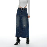 映棠破洞牛仔裙寬松不規則分割水洗復古顯瘦百搭中長(cháng)款半身裙子 藍色 S