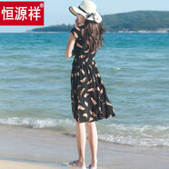 恒源祥高端棉綢連衣裙年輕外穿女夏裝時(shí)尚人造棉碎花泰國海邊度假沙灘裙 黑底羽毛 S