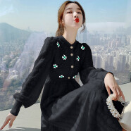 单蜜（Danmi）针织连衣裙女装新品2024年秋冬新款韩版小个子气质中长款打底裙子 黑色 S