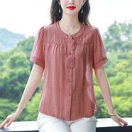 FZMF天絲麻上衣女短袖寬松襯衫夏季裝新款高端小衫氣質(zhì)襯衣 珊瑚紅 XL建議115125斤