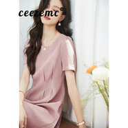 ceezemc 香港潮牌純色圓領(lǐng)收腰連衣裙女 2025夏季新款名媛顯瘦短袖裙子 粉色 XL