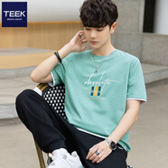 TEEK夏季短袖綠色t恤男士假兩件體恤 青少年夏裝新款高中生圓領(lǐng)上衣服 【甄選面料】C0SC20藍綠色 L