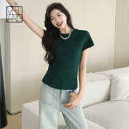 美洋（MEIYANG）瘦瘦T 顯瘦圓領(lǐng)彈力修身百搭短袖女士上衣時(shí)尚休閑透氣柔軟T恤女 墨綠色 L