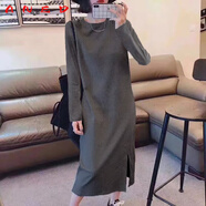 ANED歐貨純棉長(cháng)袖打底t恤裙春秋純色休閑寬松高個(gè)子過(guò)膝長(cháng)款連衣裙女 深灰色T51001開(kāi)叉長(cháng)裙純色 S 160