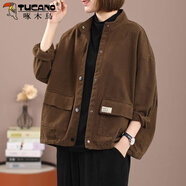 啄木鳥(niǎo)純棉立領(lǐng)工裝牛仔外套女2025年新款春秋季寬松大碼休閑短款夾克 咖色 XL 建議115-130斤