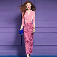 菲夢(mèng)伊印花假兩件絲絨連衣裙女冬季復古感輕熟性感氣質(zhì)長(cháng)裙子 桃粉色 2XL