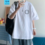 埖煦短袖t恤男士夏季潮牌純棉上衣服美式五分寬松休閑情侶半袖體恤衫 笑臉白色 2XL