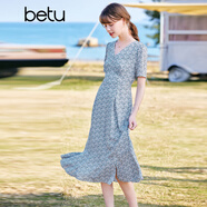 betu百圖女裝V領(lǐng)浪漫時(shí)尚清新印花連衣裙女2203T81 蘭色 XS