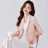 特洛曼七分袖小西裝外套女短款薄2024春夏季網(wǎng)紅百搭西服粉色