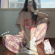 御仕達夏季ins鹽系洋氣休閑運動(dòng)兩裝少女原宿格子闊腿褲學(xué)生 粉色上衣+粉色格子褲(兩) M