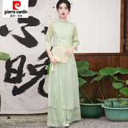 皮爾卡丹仙氣漢服日常禪意茶藝師服裝采耳古箏養生館新中式旗袍連衣裙 淺綠色套裝 S