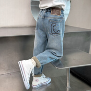 G.duck女童刺繡加絨牛仔褲2024新款洋氣兒童秋冬款加厚褲子哈倫休閑褲 藍色加絨 150cm