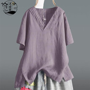 弄堂里洋氣不規則棉麻短袖襯衫夏大碼女裝寬松文藝純色V領(lǐng)薄亞麻T(mén)恤上衣 紫色 5XL 【建議190-210斤】