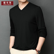 曼卡龍桑蠶絲長(cháng)袖T恤男V領(lǐng)真絲體恤薄款商務(wù)休閑純色內搭男士打底衫百搭正裝上衣服男 黑色 M/105
