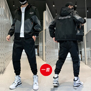 AFILMBY春秋款衛(wèi)衣套裝男衣服男士青少年運(yùn)動(dòng)套裝男潮流寬松男裝休閑套裝 2159黑色 XL (建議體重120-140斤)