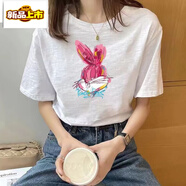 初徑竹節棉短袖t恤女潮牌夏季新款寬松學(xué)生百搭半袖韓版上衣 粉紅兔 M