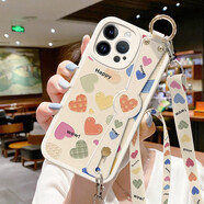 美贊仕iPhone蘋果14手機殼女生14plus新款14promax可愛腕帶防摔斜挎掛繩彩色笑臉愛心 古董白-彩色愛心【腕帶+掛繩】 iPhone14
