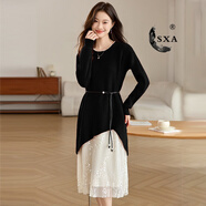 SXA香港潮牌假兩件針織連衣裙女秋冬新款氣質(zhì)時(shí)尚顯瘦蕾絲拼接打底裙 黑色 M