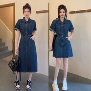 櫻欖大碼牛仔連衣裙2023年夏新款胖妹妹翻領(lǐng)時尚小眾收腰顯瘦休閑裙子 深藍(lán)色長款連衣裙 4XL大碼建議180-200