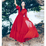 尚簡(jiǎn)紛 茶卡鹽湖旅拍長(cháng)裙新款仙女紅色雪紡連衣裙連帽度假沙灘裙大擺長(cháng) 紅色加長(cháng)款 建議身高160以上穿 XL 120-135斤