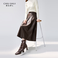 秋水伊人秋水伊人時(shí)尚百褶PU皮裙年冬裝新款女裝磨毛中長(cháng)款A字半身裙 咖啡 S