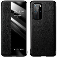 殼工坊 華為P40pro手機(jī)殼真皮P40pro+保護(hù)套智能喚醒視窗免翻蓋接聽(tīng)全包防摔外殼皮套 p40pro【優(yōu)雅黑】荔枝紋