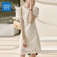 真维斯（JEANSWEST）连衣裙夏季法式蕾丝短袖2024小清新高级感显瘦气质收腰裙白色M