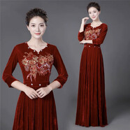 普戈斯新款媽媽裝大合唱演出服女長(cháng)裙晚禮服成人連衣裙中老年合唱服優(yōu)雅 酒紅V領(lǐng) 3XL