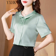 YXHK襯衫女短袖夏品牌女裝高端緞面襯衫女職業(yè)裝時(shí)尚上衣 綠色 L  105-115斤