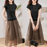 依伊純歐根紗連衣裙女夏2024新款高端氣質(zhì)收腰薄款冰絲針織套裝裙兩件套 黑配咖啡 XL 【建議115-125斤】