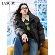LAGOGO黑色連帽羽絨服女拉谷谷2024年冬季新款90絨顯瘦小個(gè)子外套 黑色 M