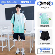 阿尼三青少年夏季冰絲短袖t恤男潮流帥氣2025新款初中高中學(xué)生潮牌半袖 02款薄荷綠+短褲 XL