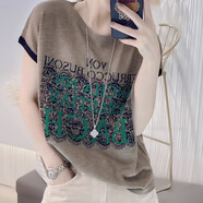 宜惜綺 涼感短袖t恤女寬松2023夏女裝新款輕薄T冰絲針織衫打底上衣潮ins 卡其色 均碼（80-130斤）