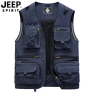 吉普（JEEP）夏季速干網(wǎng)眼馬甲男戶外休閑多口袋馬夾攝影記者釣魚(yú)背心中年大碼 深藍(lán)色 L 建議體重150斤左右