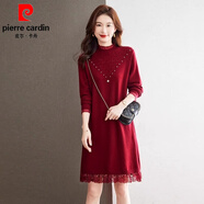 皮爾卡丹（pierre cardin）秋冬半高領(lǐng)針織連衣裙女中長款寬松時尚毛衣配大衣毛衣裙打底裙厚 紅色 2XL