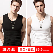 簡束 背心男夏純色棉質(zhì)v領(lǐng)寬肩運(yùn)動(dòng)背心修身緊身打底汗衫男士無袖t恤 黑色+白色（兩件裝） XL （70kg左右）