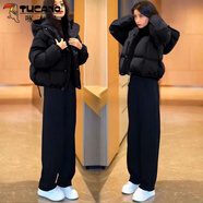 啄木鳥小個(gè)子新年戰(zhàn)袍時(shí)尚紅色連帽保暖棉服外套加絨褲子減齡兩件套 黑色外套+黑色休閑褲[套裝] M 建議100斤以內(nèi)