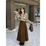寸雅德絨打底衫半高領(lǐng)秋冬季兩件套加厚毛呢短外套女裝 新百褶長(cháng)裙 格子加棉外+半身裙【兩件】 S