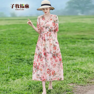 子牧棉麻夏裝 女文藝民族風(fēng)薄款收腰顯瘦短袖V領(lǐng)碎花連衣裙6713 粉色 M(建議95-115斤)