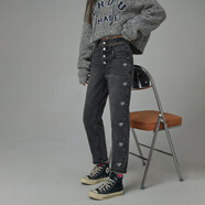 CHUU高腰牛仔褲女士冬季新款單排扣鏤空愛心顯瘦小腳長褲子 黑灰 27