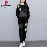 皮爾卡丹（pierre cardin）牛仔衛衣套裝女士春秋季2024新款時(shí)尚洋氣媽I媽秋裝休閑運動(dòng)兩件 黑色(春秋薄款) 2XL 135-155斤