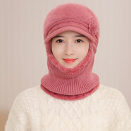 冬季騎車防風連體包頭帽女擋風冒中老年人兔毛針織圍脖一體鴨舌帽鴨嘴帽子保暖防寒毛線連體 五瓣花連體款  皮紅色 圍脖連體帽，加絨保暖有彈性